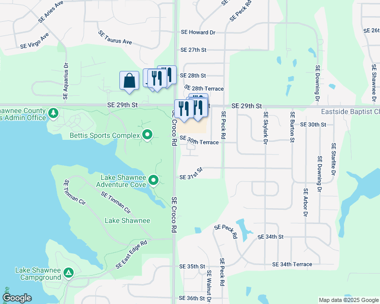 map of restaurants, bars, coffee shops, grocery stores, and more near 3711 Southeast 30th Terrace in Topeka