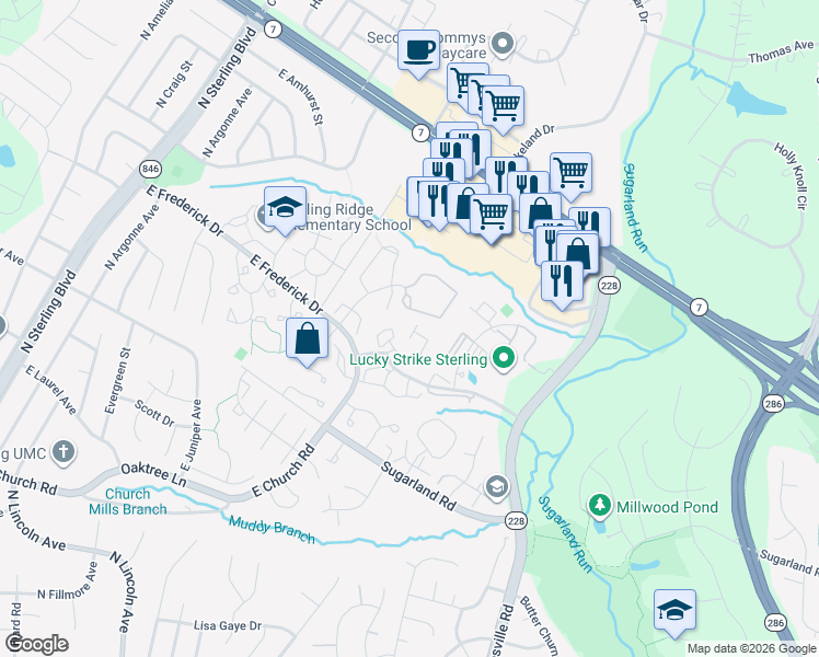 map of restaurants, bars, coffee shops, grocery stores, and more near 46936 Rabbitrun Terrace in Sterling