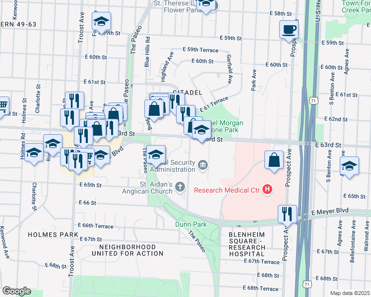 map of restaurants, bars, coffee shops, grocery stores, and more near 6316 Woodland Avenue in Kansas City