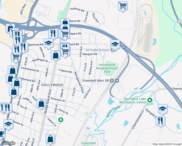 map of restaurants, bars, coffee shops, grocery stores, and more near 9715 Wichita Avenue in College Park