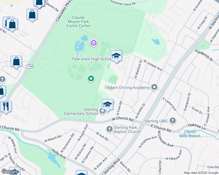 map of restaurants, bars, coffee shops, grocery stores, and more near 400 West Laurel Avenue in Sterling