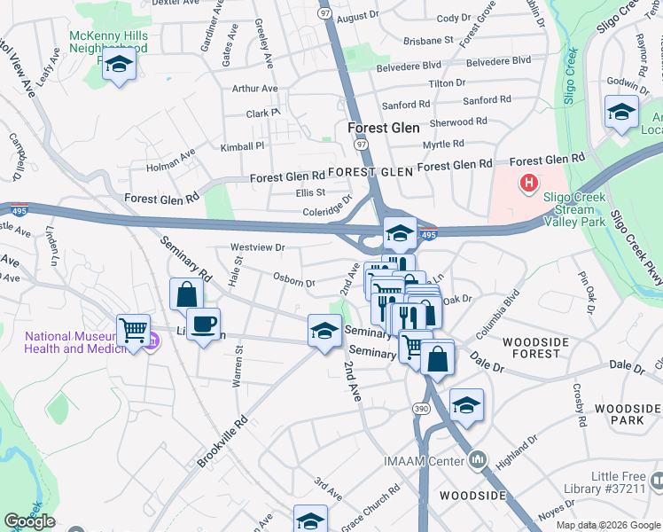 map of restaurants, bars, coffee shops, grocery stores, and more near 2010 Lansdowne Way in Silver Spring