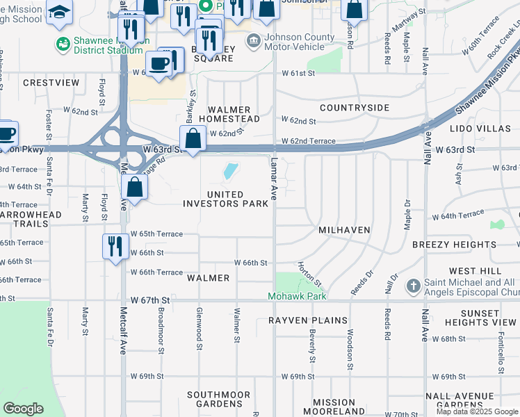 map of restaurants, bars, coffee shops, grocery stores, and more near 6320 Lamar Avenue in Overland Park