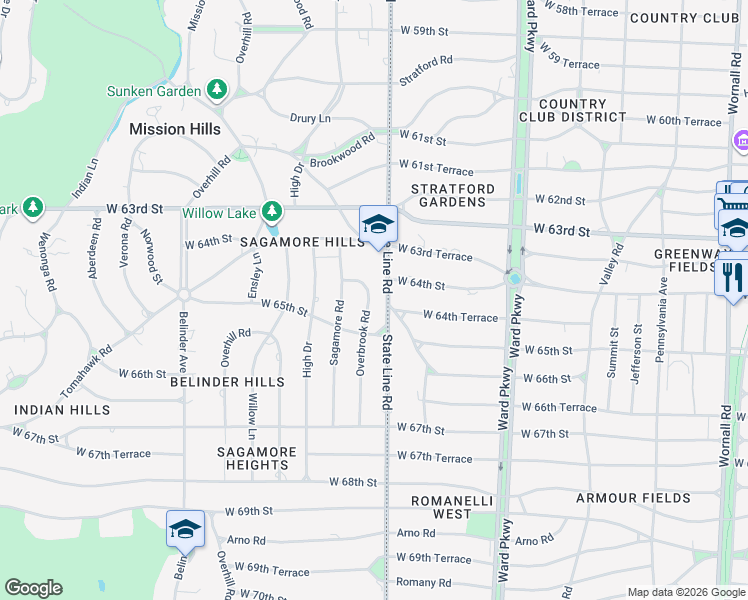 map of restaurants, bars, coffee shops, grocery stores, and more near 6445 Overbrook Road in Mission Hills