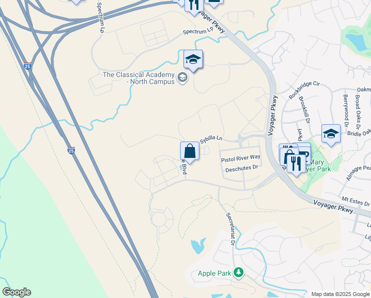 map of restaurants, bars, coffee shops, grocery stores, and more near Sybilla Lane in Colorado Springs