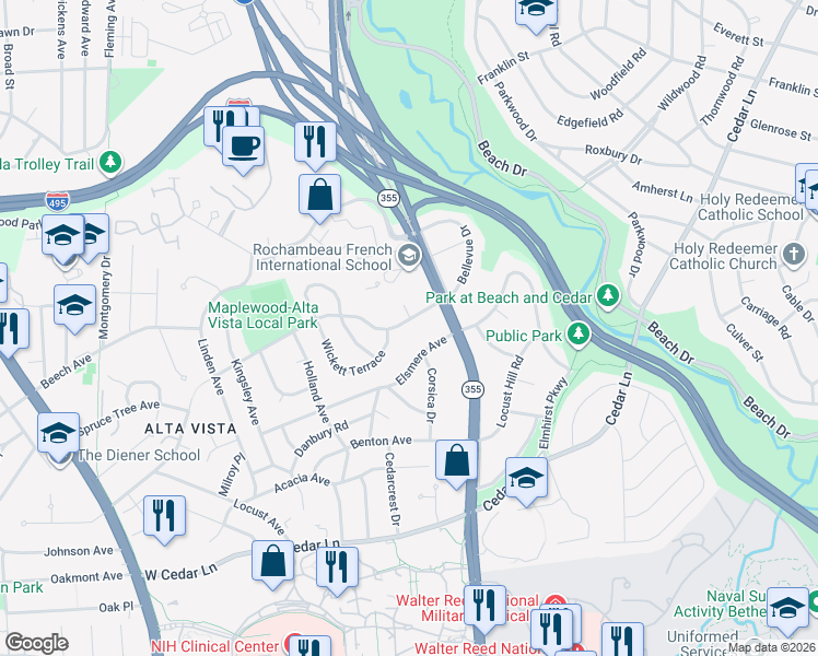 map of restaurants, bars, coffee shops, grocery stores, and more near 5010 Alta Vista Road in Bethesda