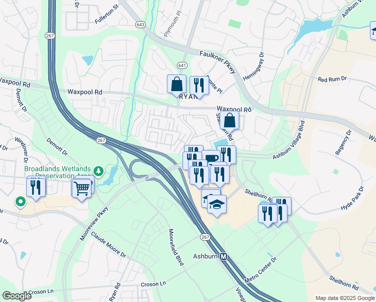 map of restaurants, bars, coffee shops, grocery stores, and more near 21857 Granite Mountain Terrace in Ashburn