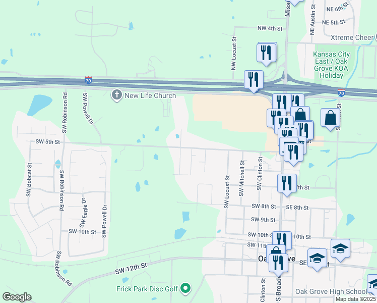 map of restaurants, bars, coffee shops, grocery stores, and more near 500 Southwest Station Street in Oak Grove
