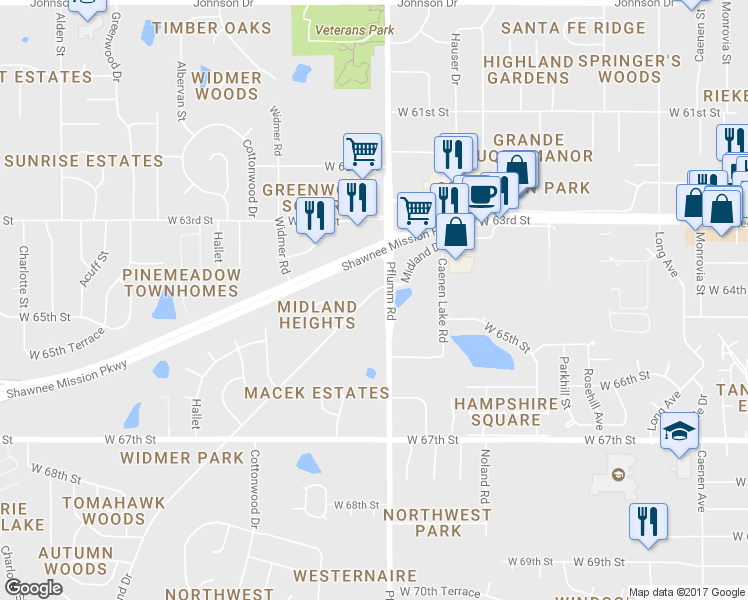 map of restaurants, bars, coffee shops, grocery stores, and more near 13529 Midland Drive in Shawnee