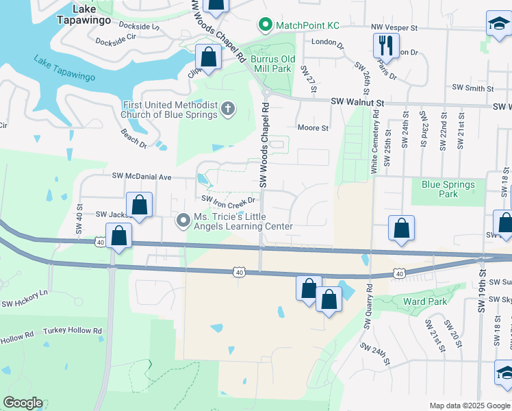 map of restaurants, bars, coffee shops, grocery stores, and more near 805 Southwest Iron Creek Drive in Blue Springs