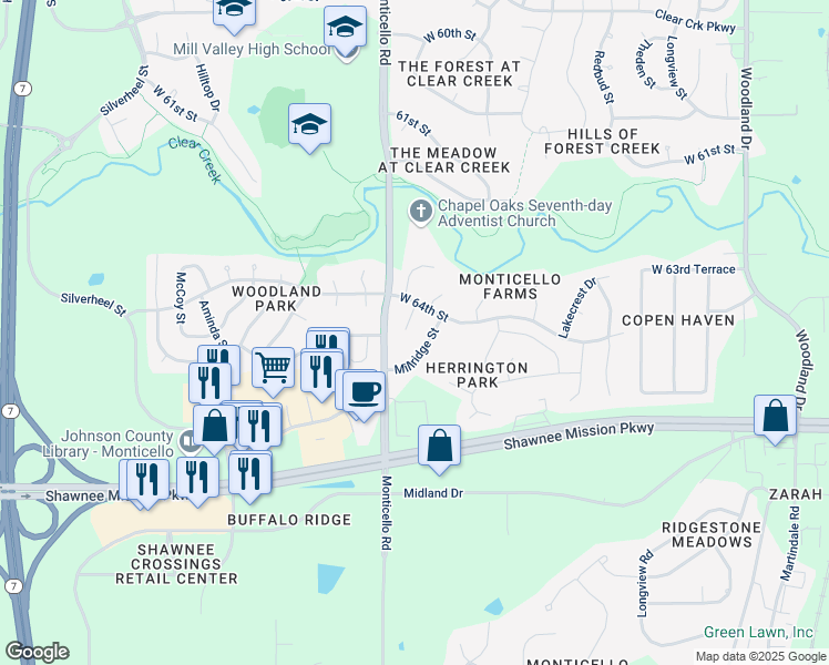 map of restaurants, bars, coffee shops, grocery stores, and more near 6420 Noreston Street in Shawnee