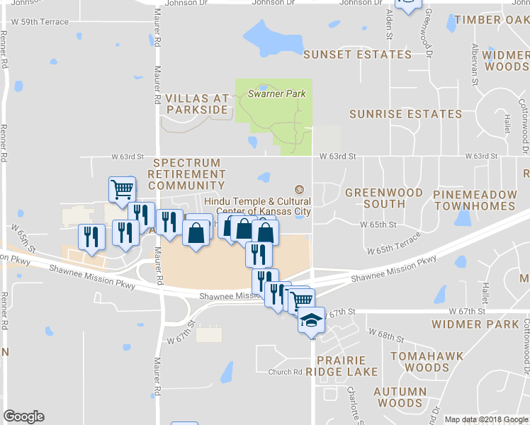 map of restaurants, bars, coffee shops, grocery stores, and more near 15312 West 65th Street in Shawnee