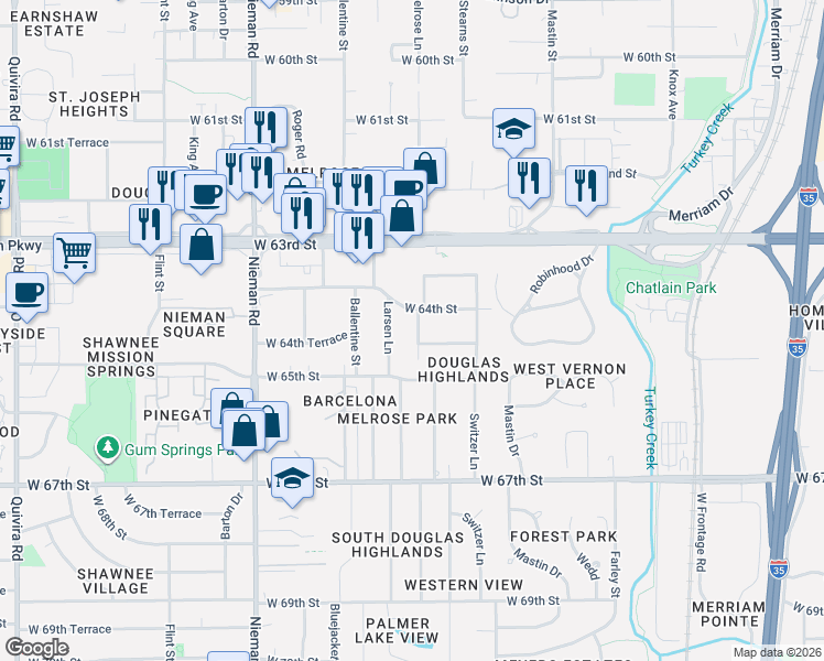 map of restaurants, bars, coffee shops, grocery stores, and more near 6416 Melrose Lane in Shawnee