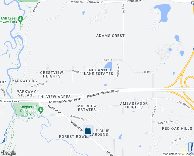 map of restaurants, bars, coffee shops, grocery stores, and more near 6416 Hillside Street in Shawnee