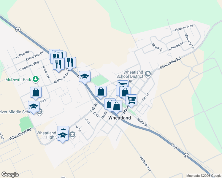 map of restaurants, bars, coffee shops, grocery stores, and more near 407 Olive Street in Wheatland