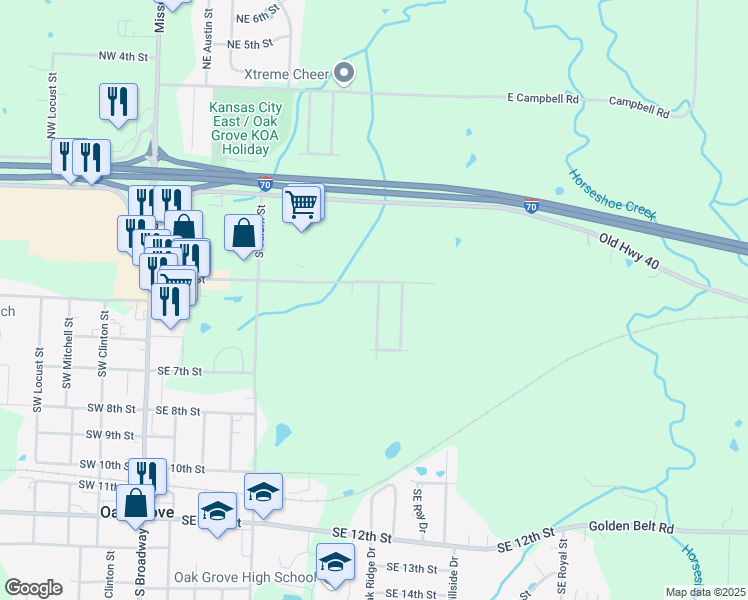 map of restaurants, bars, coffee shops, grocery stores, and more near 404a Southeast Oak Ridge Drive in Oak Grove
