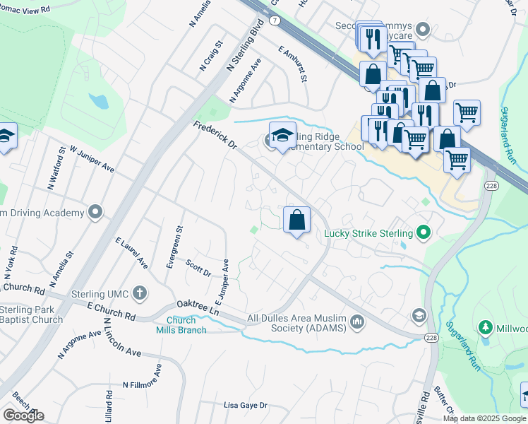 map of restaurants, bars, coffee shops, grocery stores, and more near 46679 Bartlet Square in Sterling