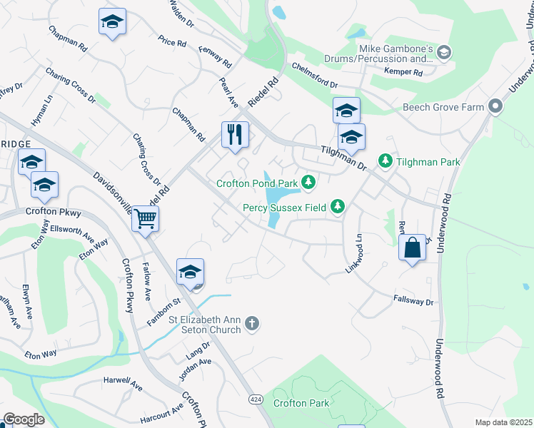 map of restaurants, bars, coffee shops, grocery stores, and more near 1725 Leisure Way in Crofton