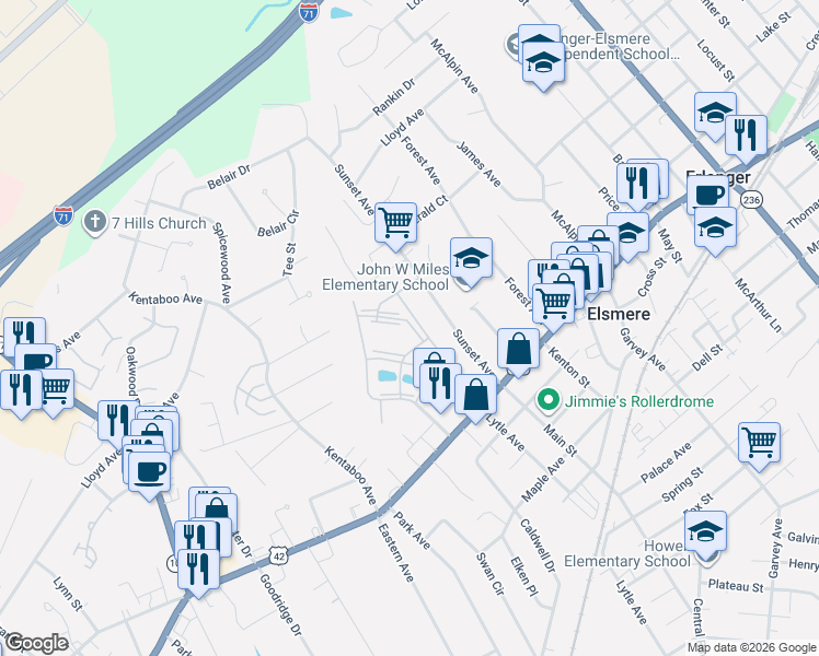 map of restaurants, bars, coffee shops, grocery stores, and more near 155 Green River Drive in Erlanger