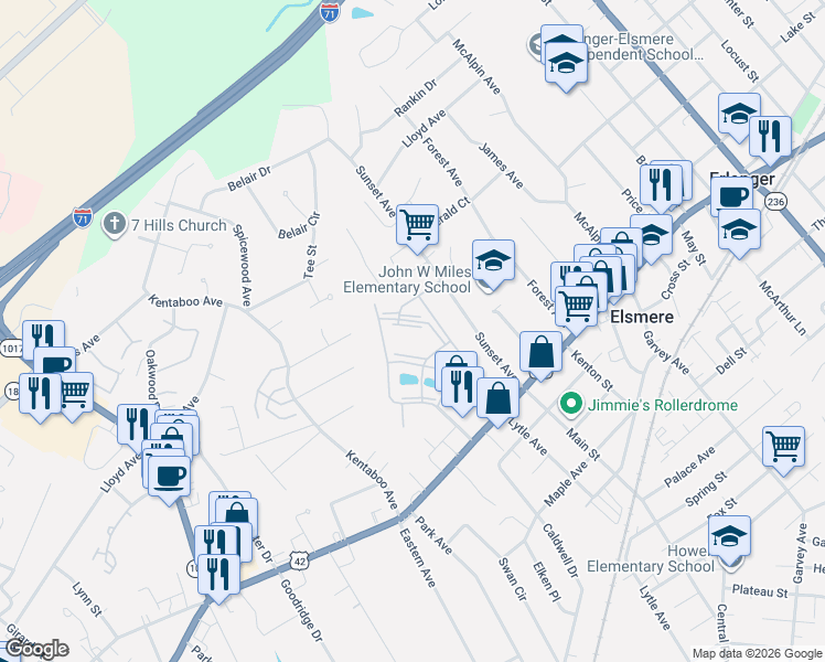 map of restaurants, bars, coffee shops, grocery stores, and more near 155 Green River Drive in Erlanger
