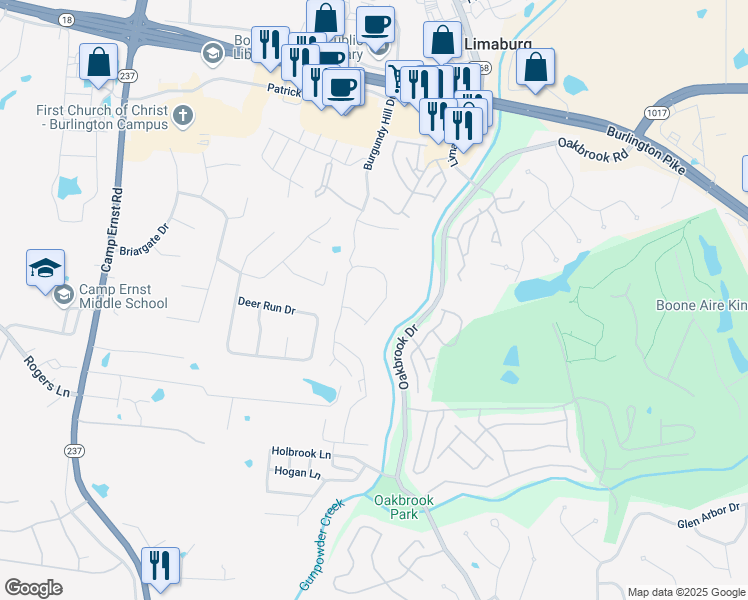 map of restaurants, bars, coffee shops, grocery stores, and more near 2279 Paragon Mill Drive in Burlington