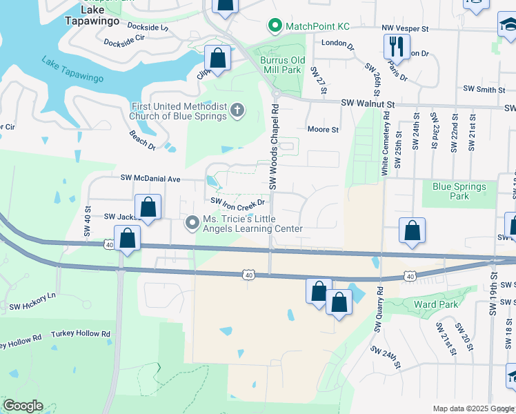 map of restaurants, bars, coffee shops, grocery stores, and more near 3231 Southwest Iron Creek Drive in Blue Springs