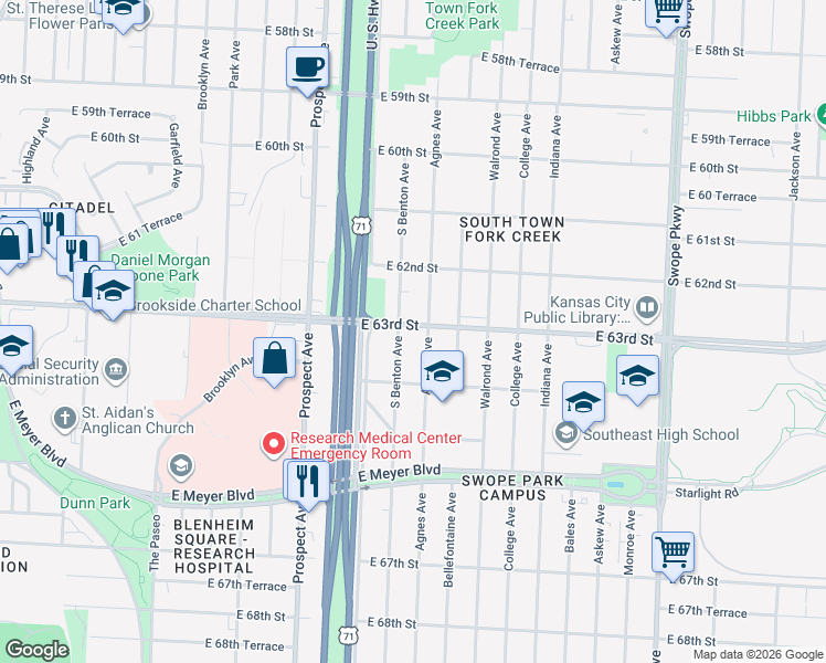 map of restaurants, bars, coffee shops, grocery stores, and more near 2901 East 63rd Street in Kansas City