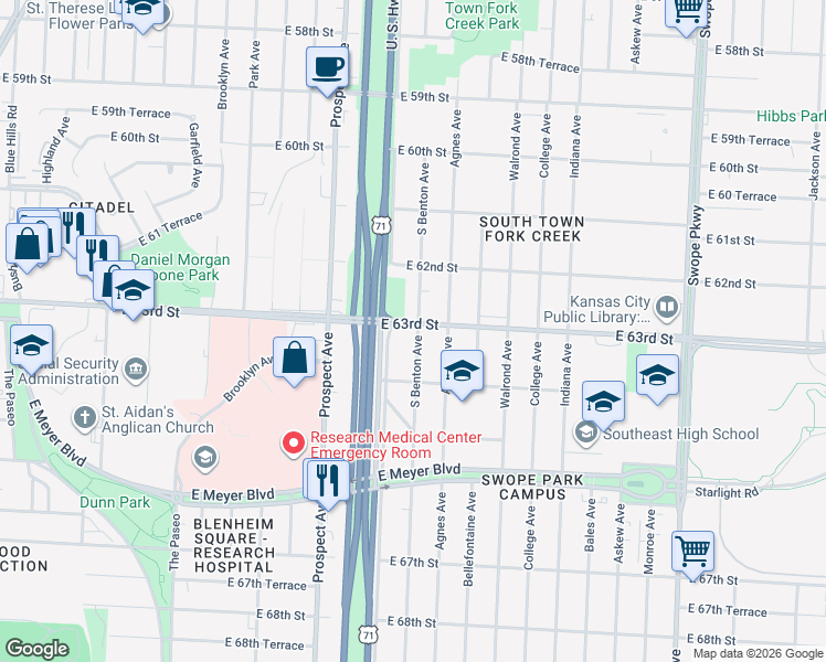 map of restaurants, bars, coffee shops, grocery stores, and more near 2901 East 63rd Street in Kansas City
