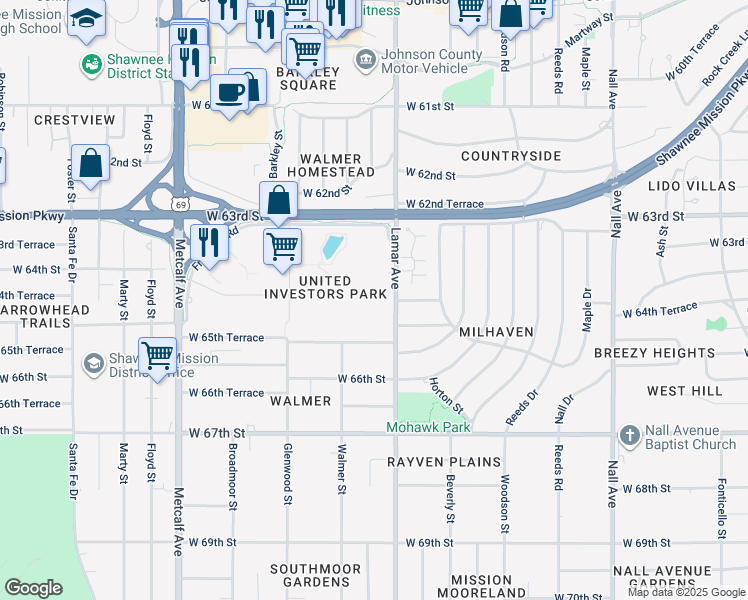 map of restaurants, bars, coffee shops, grocery stores, and more near 6320 Lamar Avenue in Overland Park