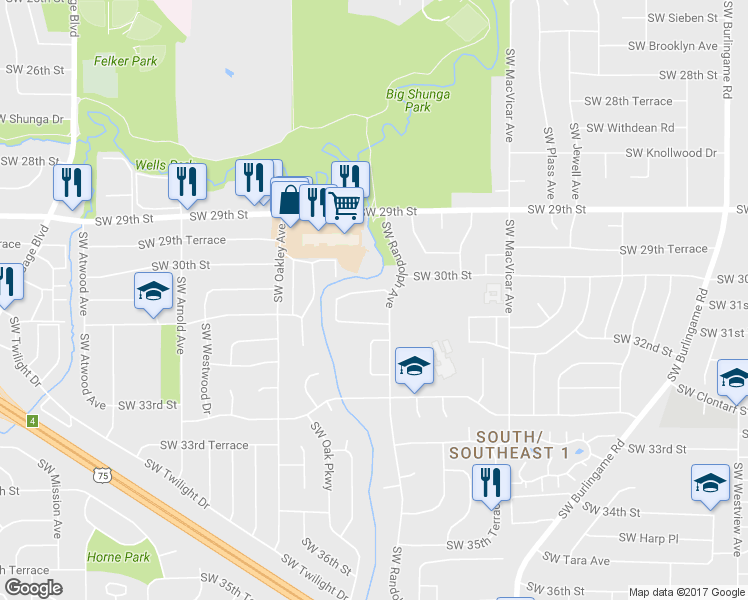 map of restaurants, bars, coffee shops, grocery stores, and more near 3033 Southwest Randolph Avenue in Topeka