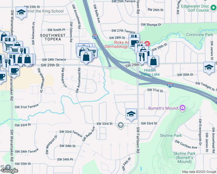 map of restaurants, bars, coffee shops, grocery stores, and more near 3017 Southwest McClure Road in Topeka