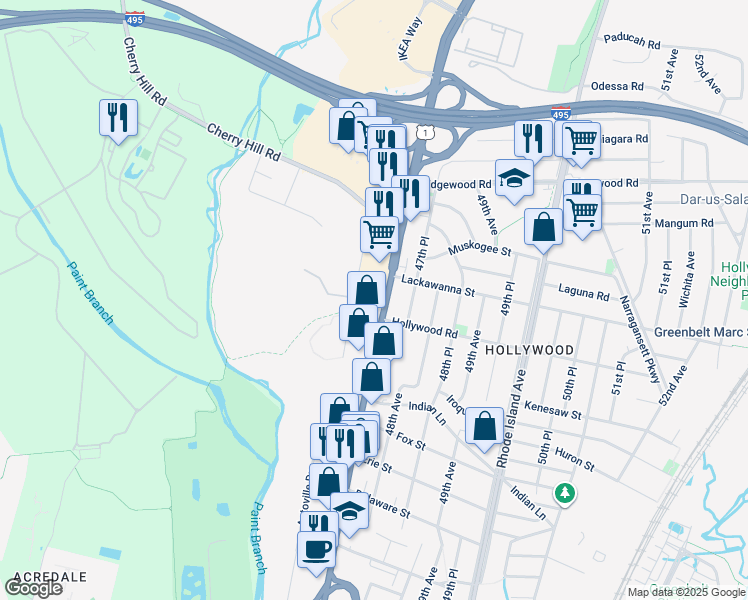 map of restaurants, bars, coffee shops, grocery stores, and more near 9620 Baltimore Avenue in College Park