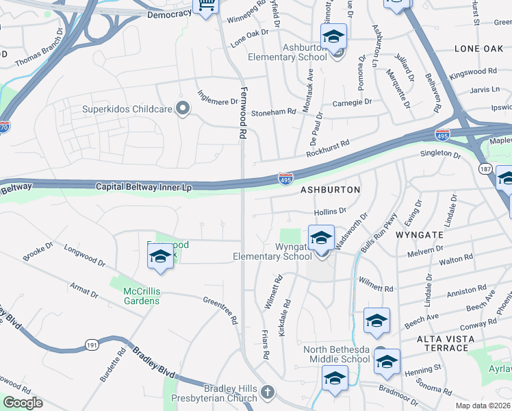 map of restaurants, bars, coffee shops, grocery stores, and more near 6428 Earlham Drive in Bethesda
