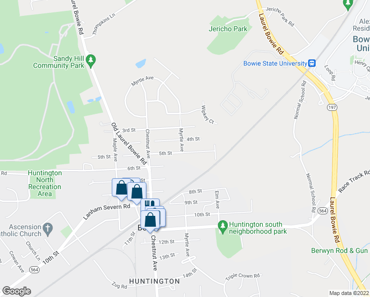 map of restaurants, bars, coffee shops, grocery stores, and more near 8901 Myrtle Avenue in Bowie