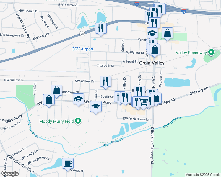 map of restaurants, bars, coffee shops, grocery stores, and more near 506 Broadway Street in Grain Valley