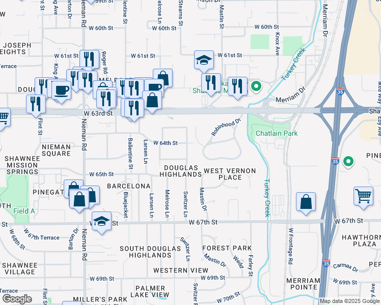 map of restaurants, bars, coffee shops, grocery stores, and more near 6417 Switzer Lane in Shawnee