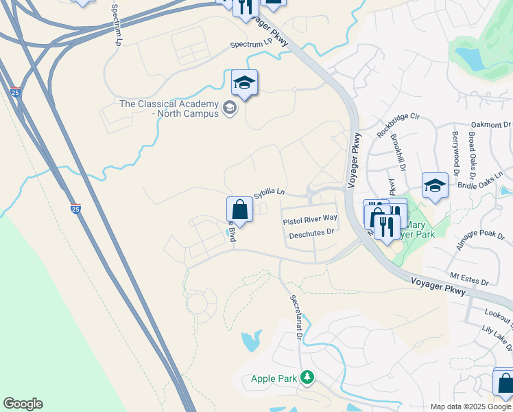 map of restaurants, bars, coffee shops, grocery stores, and more near 678 Thimbleberry Point in Colorado Springs