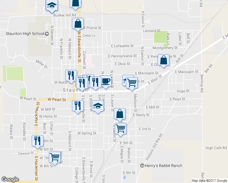 map of restaurants, bars, coffee shops, grocery stores, and more near 212 East Main Street in Staunton