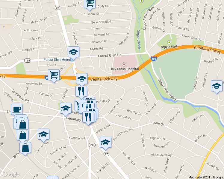 map of restaurants, bars, coffee shops, grocery stores, and more near 1520 Flora Ct in Silver Spring
