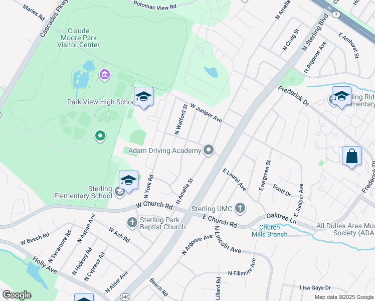 map of restaurants, bars, coffee shops, grocery stores, and more near 730 North Vernon Street in Sterling