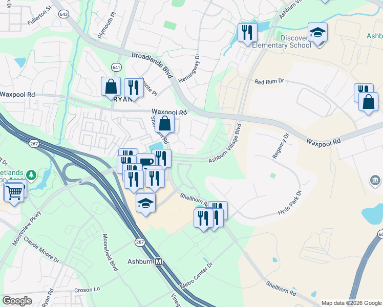 map of restaurants, bars, coffee shops, grocery stores, and more near 43740 Calistoga Square in Ashburn