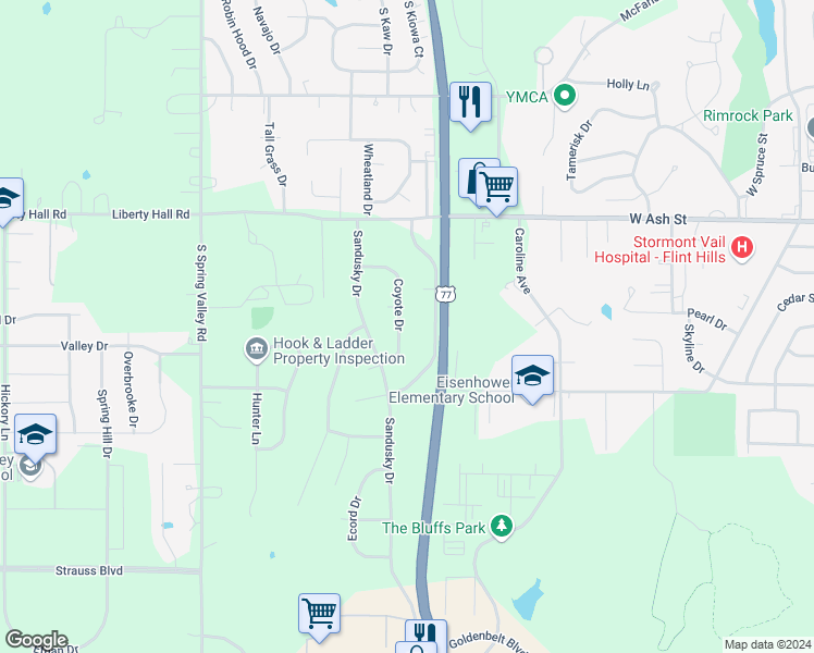 map of restaurants, bars, coffee shops, grocery stores, and more near 1109 Coyote Drive in Junction City