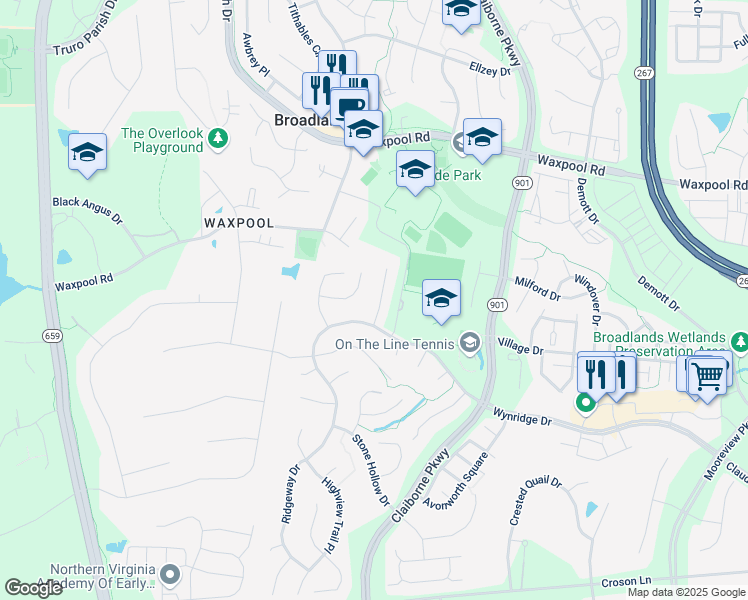 map of restaurants, bars, coffee shops, grocery stores, and more near 21843 Inglewood Court in Broadlands