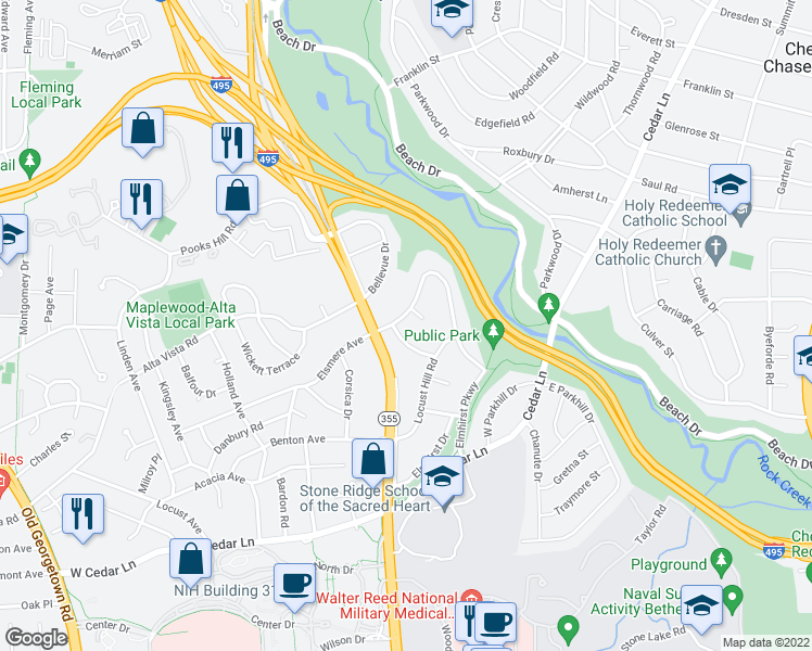 map of restaurants, bars, coffee shops, grocery stores, and more near 4838 Broad Brook Drive in Bethesda