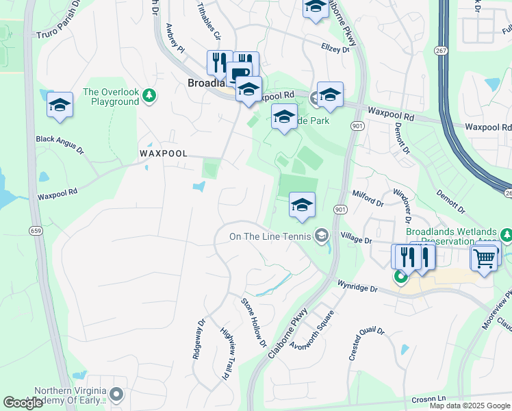 map of restaurants, bars, coffee shops, grocery stores, and more near 21843 Inglewood Court in Broadlands