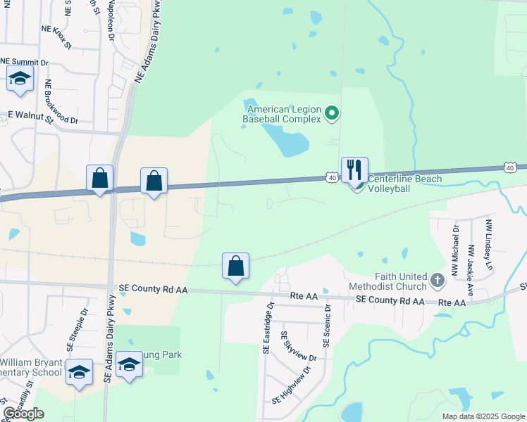 map of restaurants, bars, coffee shops, grocery stores, and more near 1712 Southeast Timbercreek Court in Blue Springs