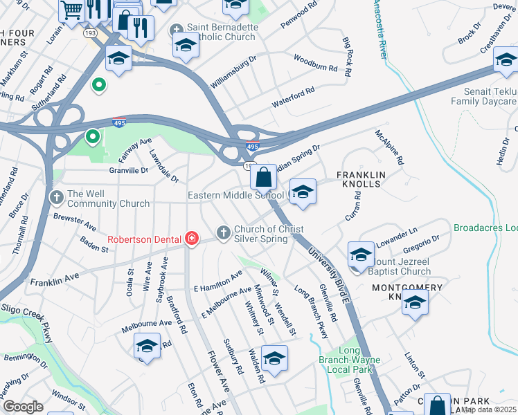 map of restaurants, bars, coffee shops, grocery stores, and more near 9507 Garwood Street in Silver Spring