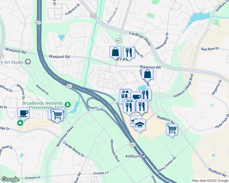 map of restaurants, bars, coffee shops, grocery stores, and more near 21834 Goodwood Terrace in Ashburn