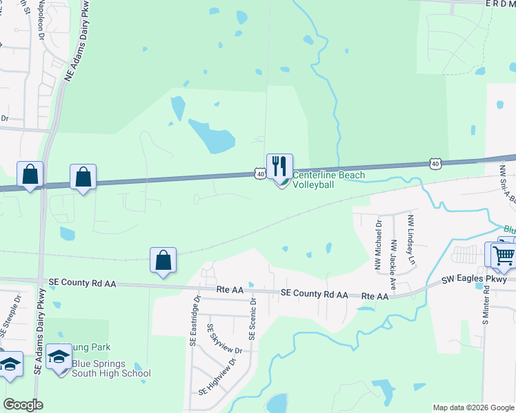 map of restaurants, bars, coffee shops, grocery stores, and more near 1860 Southeast Timbercreek Court in Blue Springs