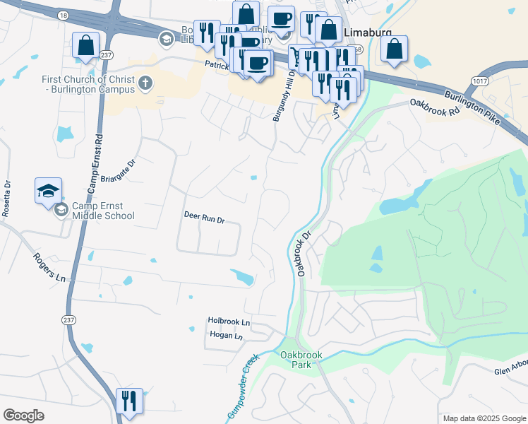 map of restaurants, bars, coffee shops, grocery stores, and more near 2503 Paragon Mill Drive in Burlington
